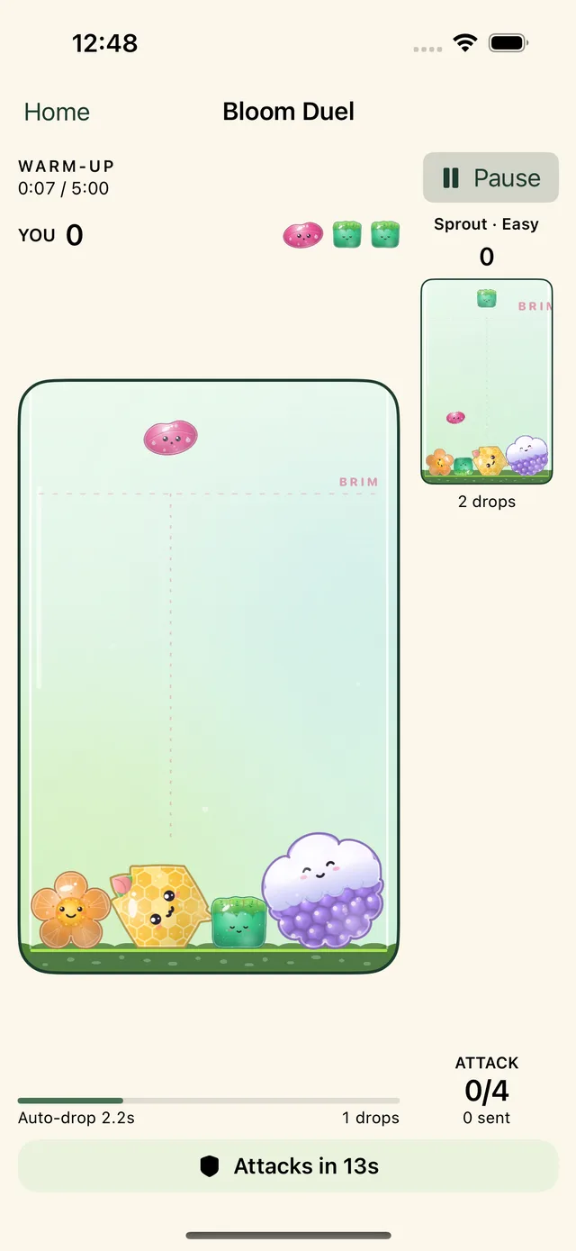 A Bloom Duel in progress: your jar on the left, a small preview of your opponent's jar on the right, and an attack meter below.