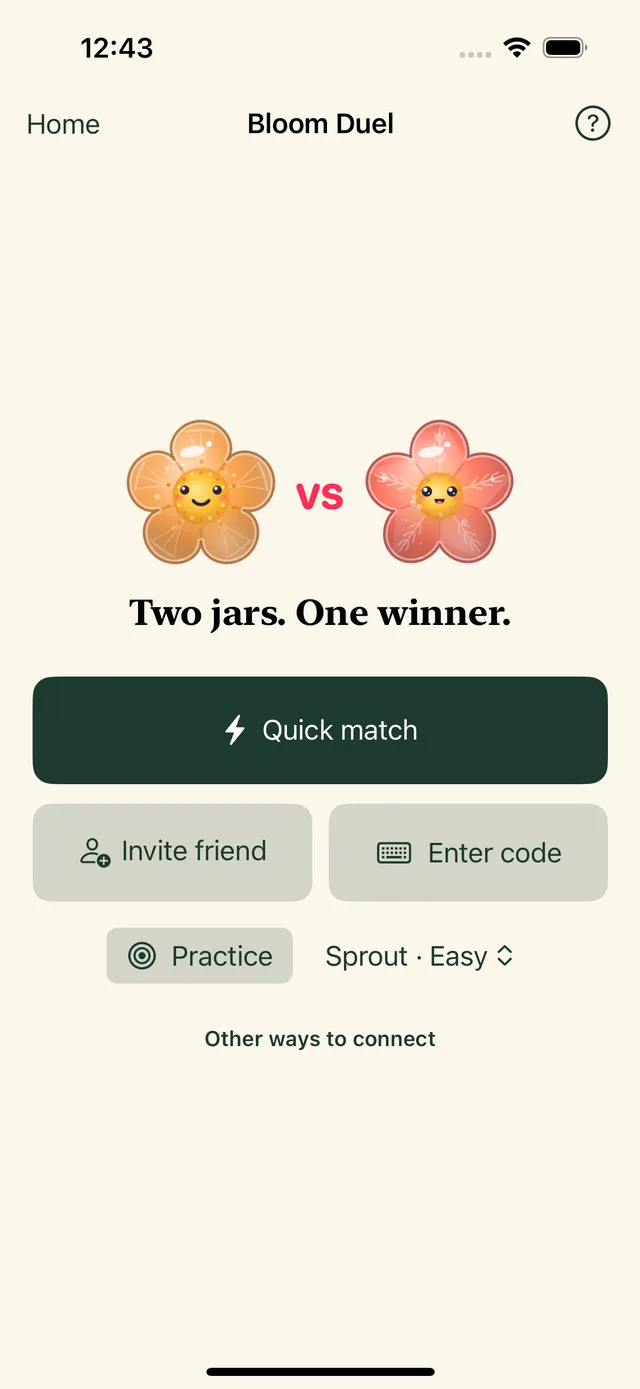 Bloom Duel lobby: two jellies face off above the words Two jars. One winner, with Quick match, Invite friend and Enter code buttons.