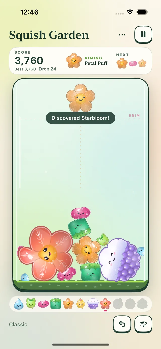 A Classic garden with a colourful pile of jellies and a message reading Discovered Starbloom!