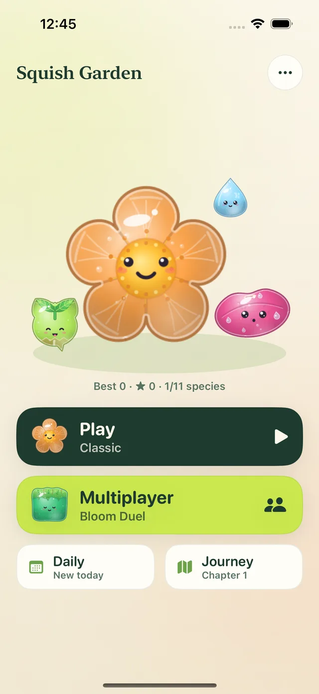 The Squish Garden home screen with Play, Multiplayer, Daily and Journey buttons beneath a smiling jelly.